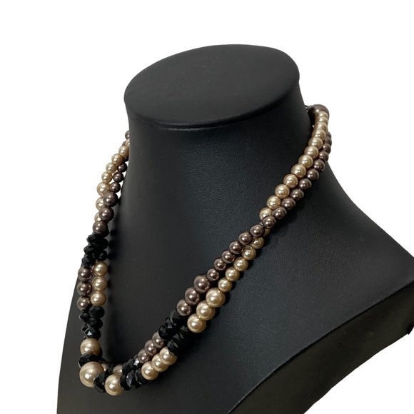 (3-097) Double Strand Necklace Taupe/Beige Pearl-Like Beads Black Faceted Beads - Picture 2 of 12